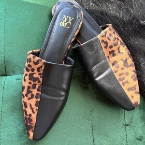 New York & Company Black and Leopard-Print Slip-On Mules